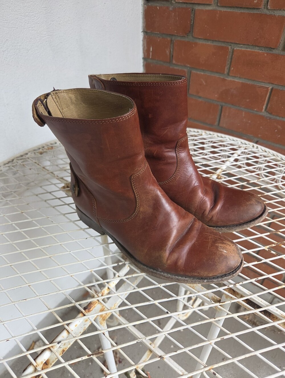Frye Melissa Button Leather Back Zip Short Boots Cognac Brown Women's 7 B 76501